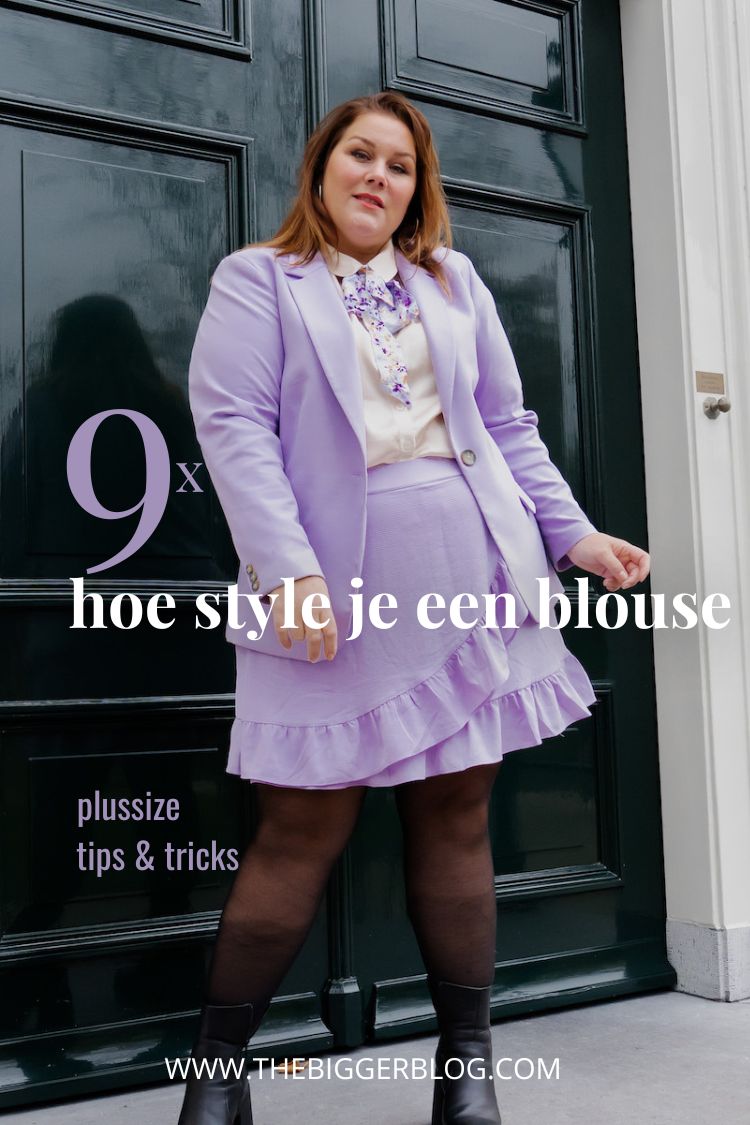 blouse, plussize blouse, grote maten blouse, hoe style je een blouse, wat is een french tuck, blouse styling, Josine Wille, thebiggerblog, wehkamp, linkpizza, 2022, maat 50 styling tips, grote maten mode, body confidence, Pinterest, lila, blouse met strik, blouse met bowtie, preppy fashion, preppy mode, blouse styling tips
