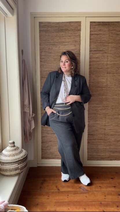 krijtstreep pak, plussize, Josine Wille, maat 48, baggy, oversized, fsshion over 40