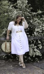 thebiggerblog, Josine Wille, plussize fashion blog, body positive blogger, bopo, body positive influencer, dutch blogger, Nederlandse grote maten blogger, ms mode, rock your curves, witte jurk maat 48, witte jurk met knoopjes, landgoed de Holtweijde, plussize fashion blog, mode blog, grote maten mode, plussize mode, plus-size fashion, 2020, all white outfit, trends 2020, summer 2020, zomer 2020, ronde rieten tas, zomertas, stretch ceintuur, grote maten riem